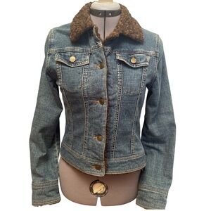 Vintage Y2K Sakura Denim Jacket Fur Collar Fitted Cotton Indie Sleeze Western